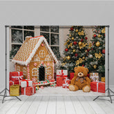 Aperturee - Aperturee Christmas Gingerbread House Photography Backdrop Teddy Bear and Trees Holiday Candyland Mini Session Background